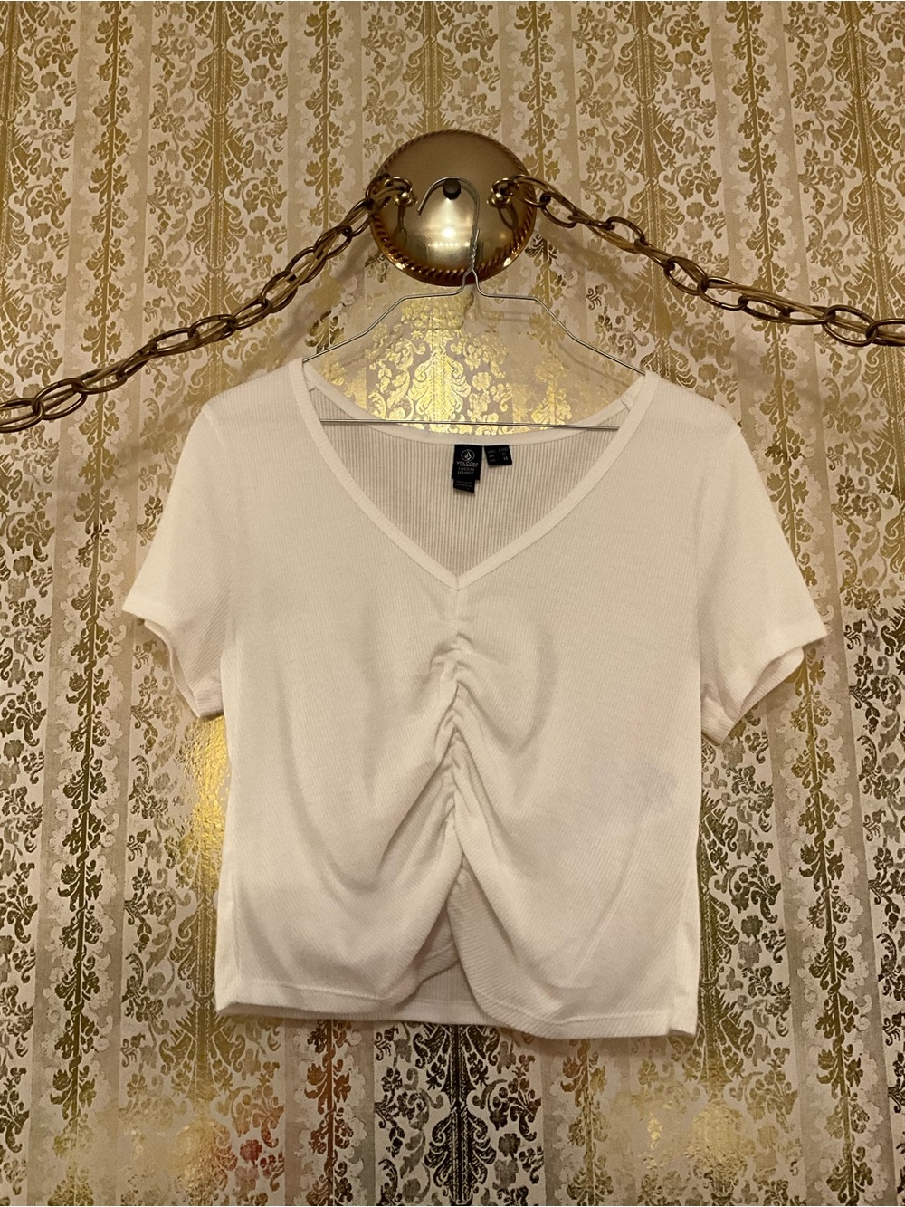 Volcom White V-Neck Ruched Crop Top